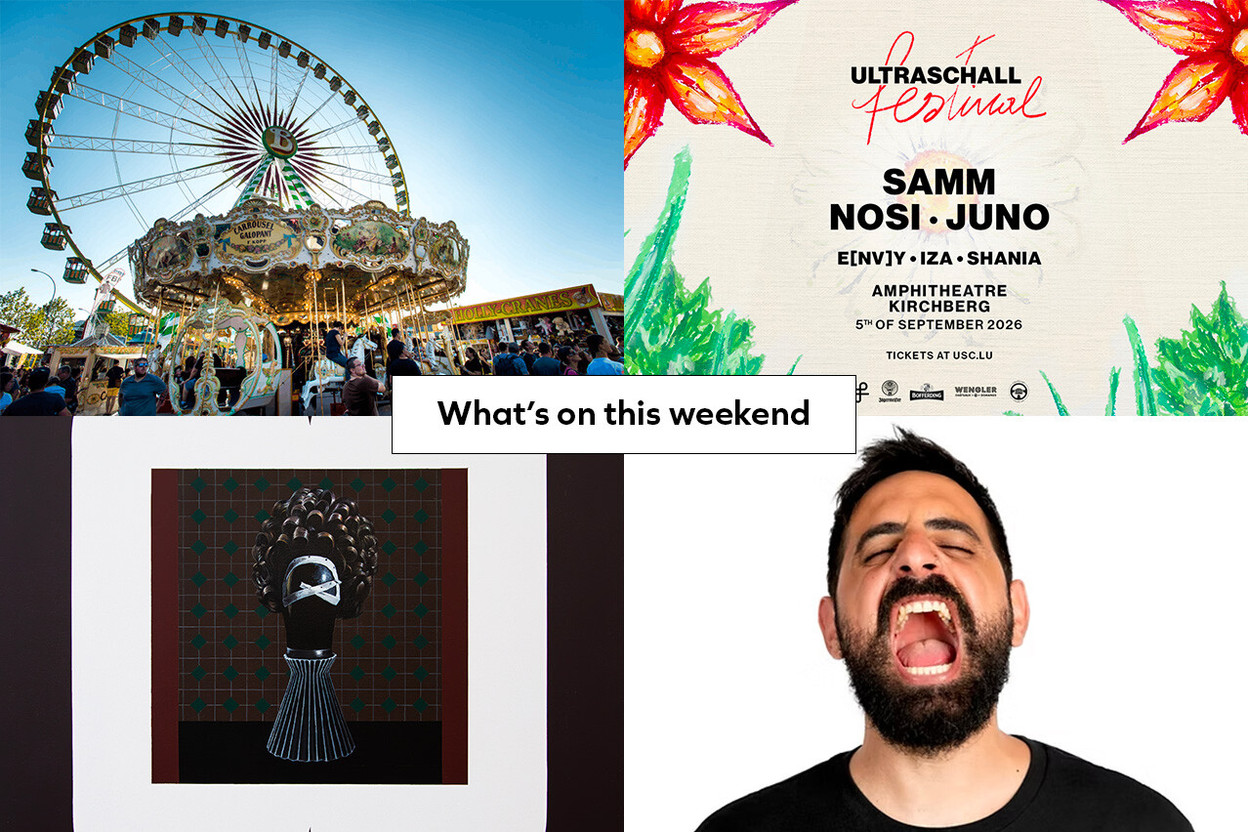 From left to right and top to bottom: Schueberfouer, Ultraschall Festival 2026, Maryam Najd at Nosbaum Reding, Nikos Pantelis at the Carlitos Comedy Club. (Photos: Nader Ghavami/archive, Ultraschall, Maryam Najd, Carlitos Comedy Club; layout: Paperjam)