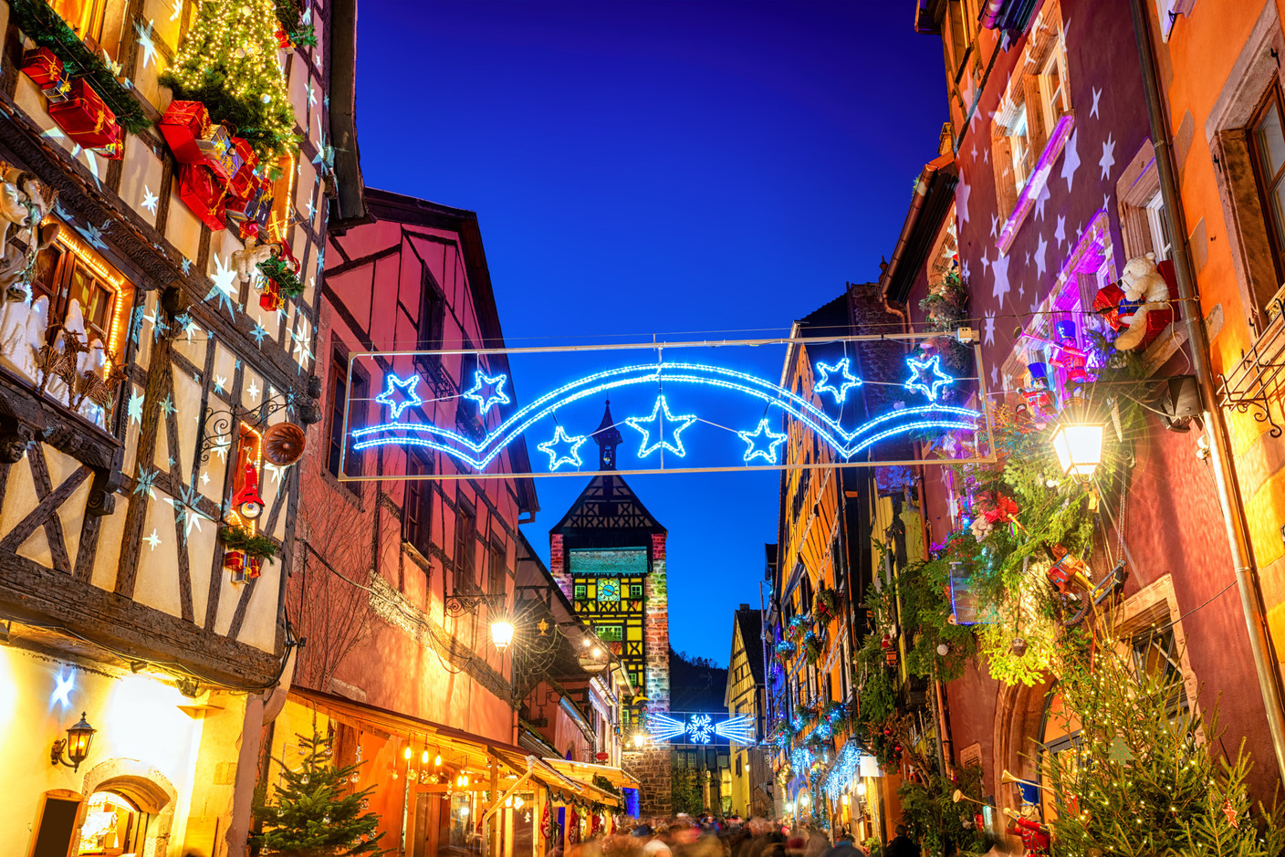 Festive Christmas decorations in the village of Riquewihr.  Photo: Shutterstock