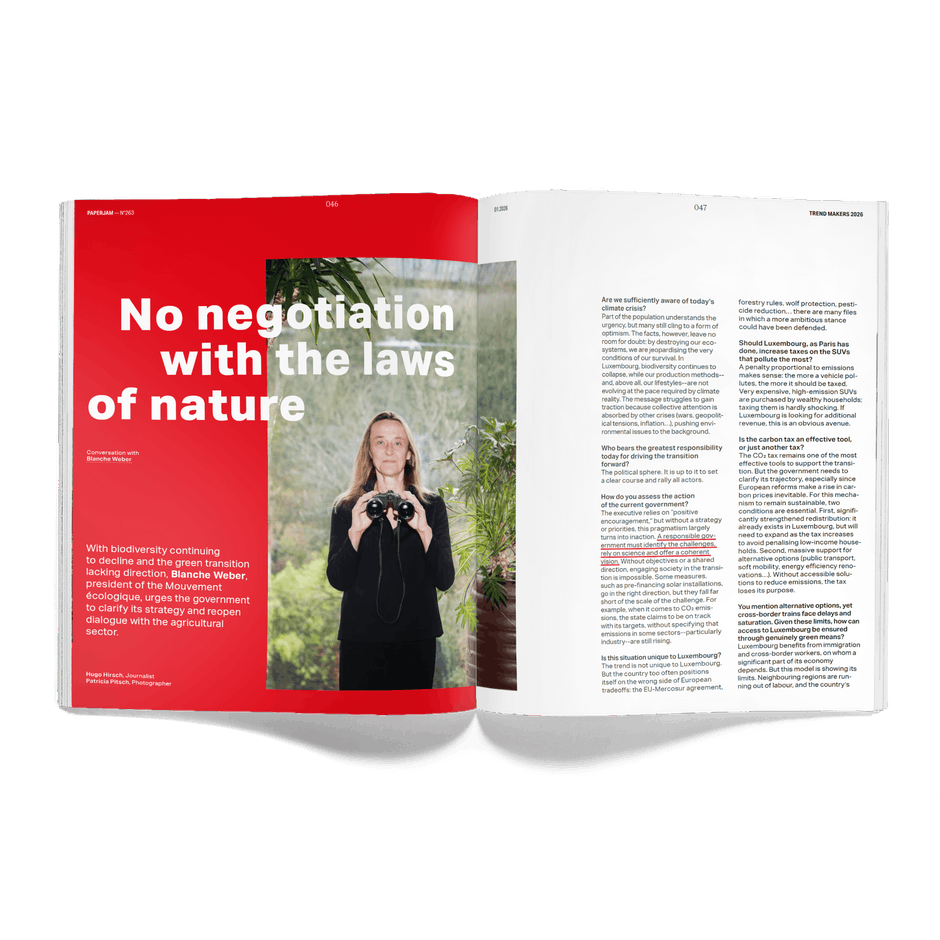 In tech or environmental matters, five trend makers analyse the 2026 trends, here Blanche Weber from Meco interviewed by our journalist Hugo Hirsch.  (Photo: Paperjam)
