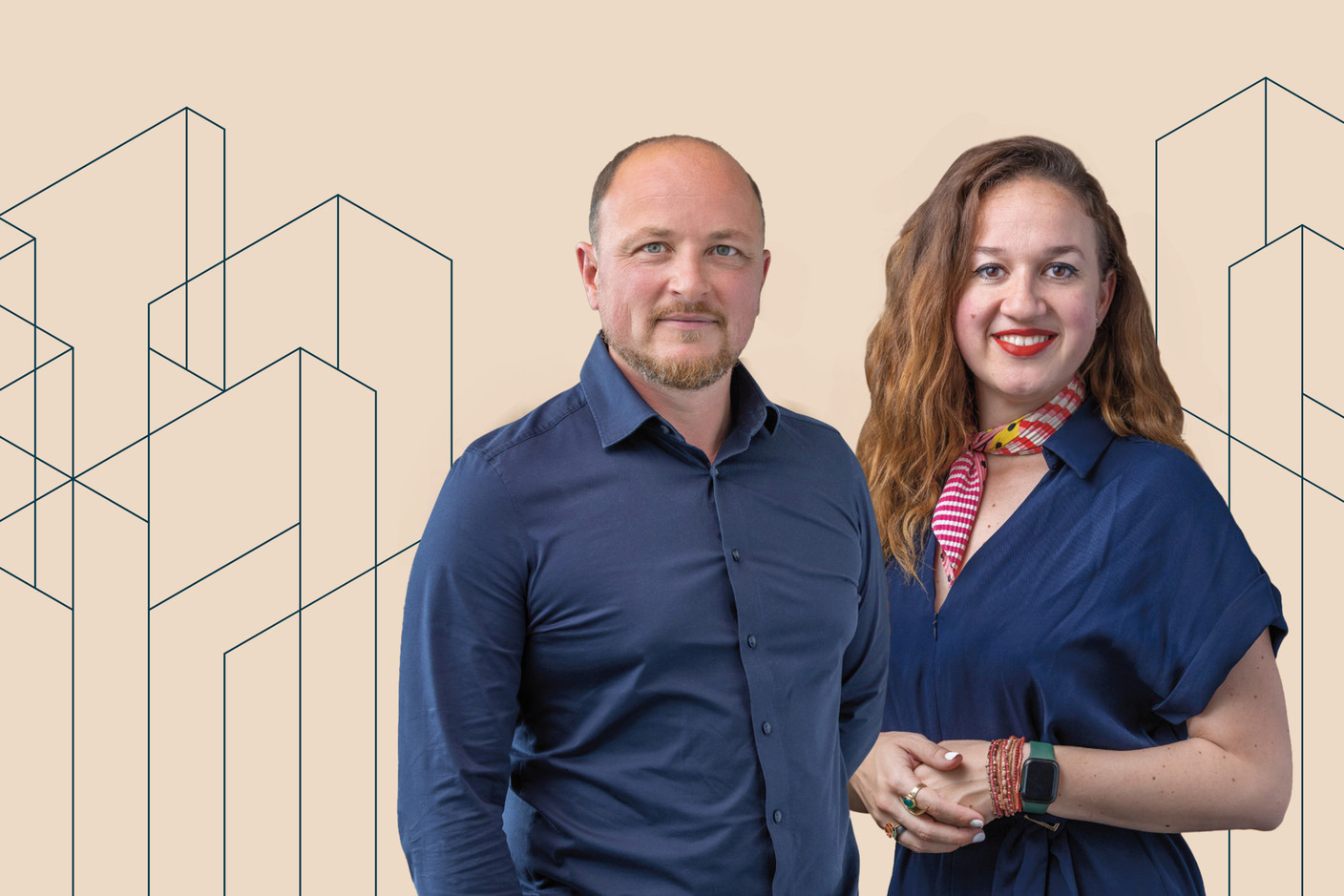 Ekaterina Pipkova, Head of Design at Tétris Luxembourg, and Alain Clarinval, Head of Operations at Tétris BELUX, a brand specialised in Design & Build at JLL. Paperjam Studio