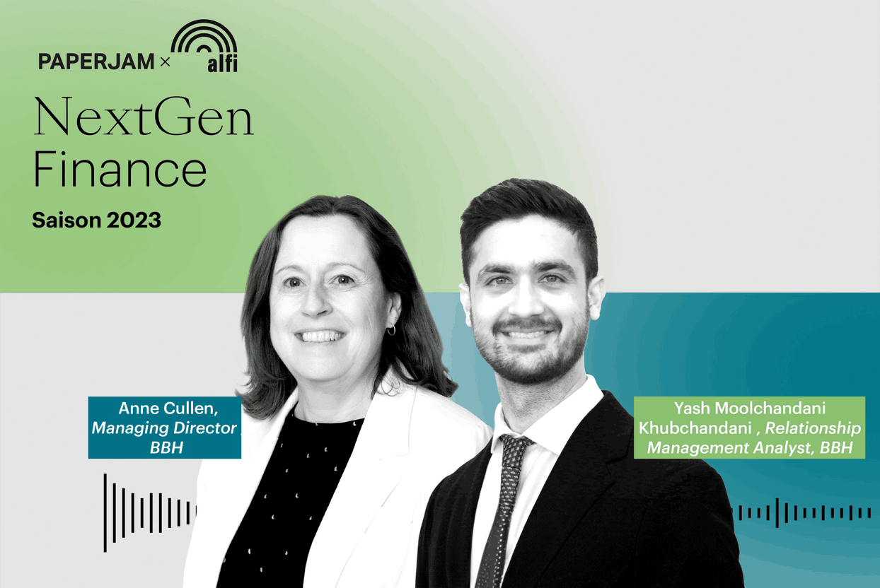 Anne Cullen, Managing Director at BBH and Yash Moolchandani Khubchandani. Illustration (Paperjam Studio)