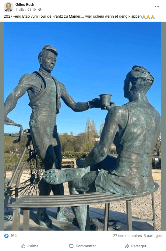 The commemorative sculpture of Nicolas Frantz and Josy Barthel, two illustrious figures in Luxembourg sport, which is displayed in front of the castle of Mamer. (screenshot/Facebook)