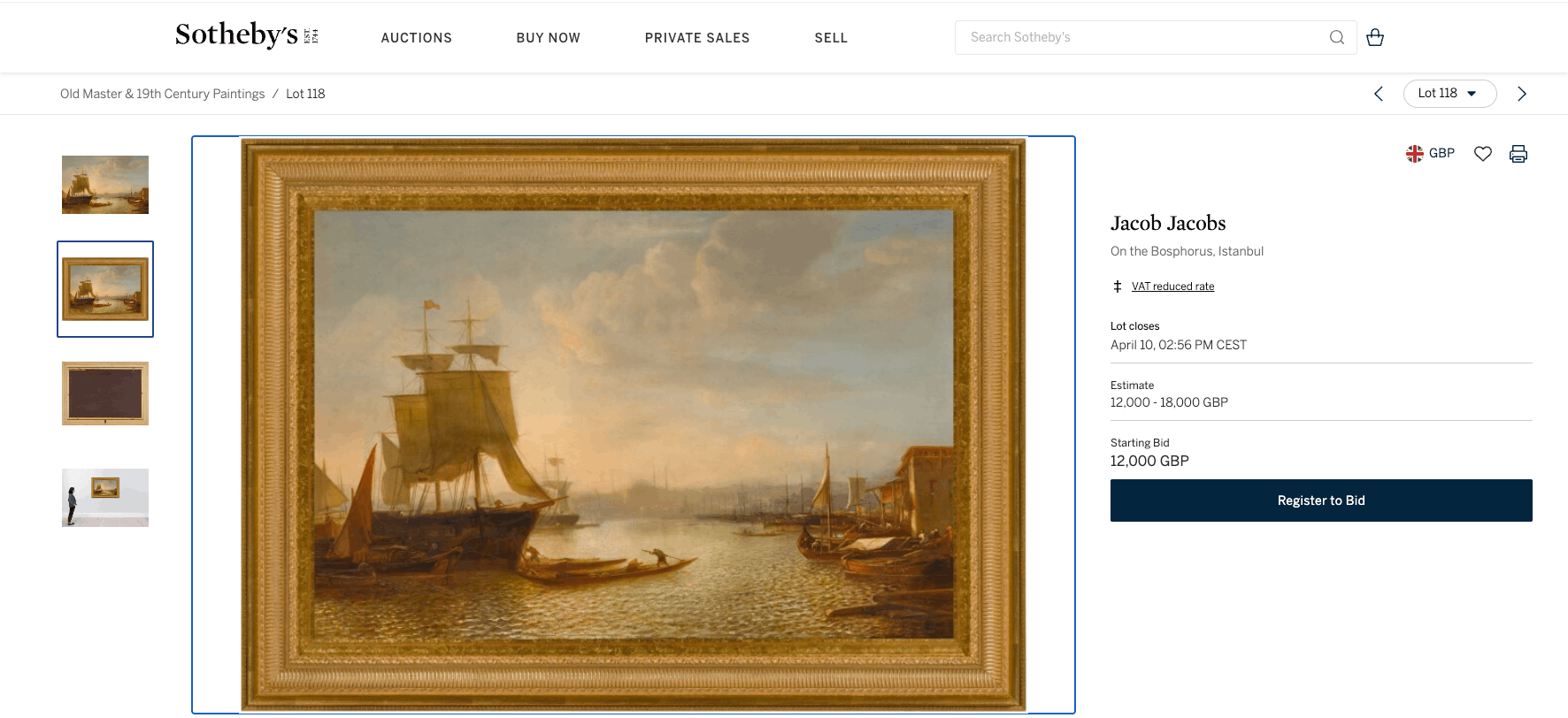 Until 10 April, Sotheby's is selling another of Jacob Jacobs’ paintings, “On the Bosphorus,” dated 1878. Screenshot: Sothebys.com