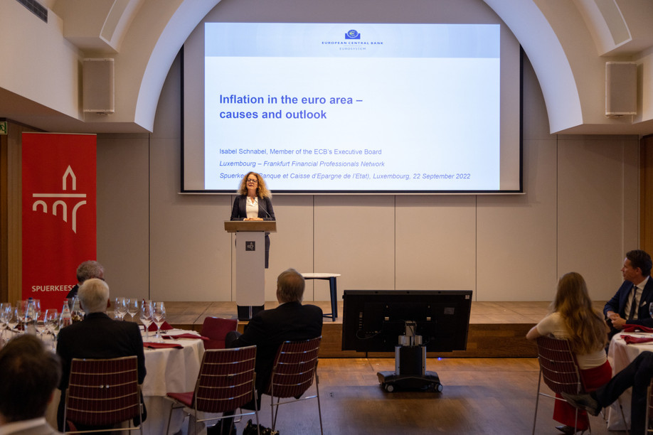 Isabel Schnabel, member of the European Central Bank’s executive committee, pointed out that labour shortages are a source of slowdown in the economy and that wage increases contribute to inflation during a conference attended by Luxembourg and Frankfurt financial executives, hosted by Spuerkeess in the Gare district, 22 September 2022. Photo: Romain Gamba / Maison Moderne