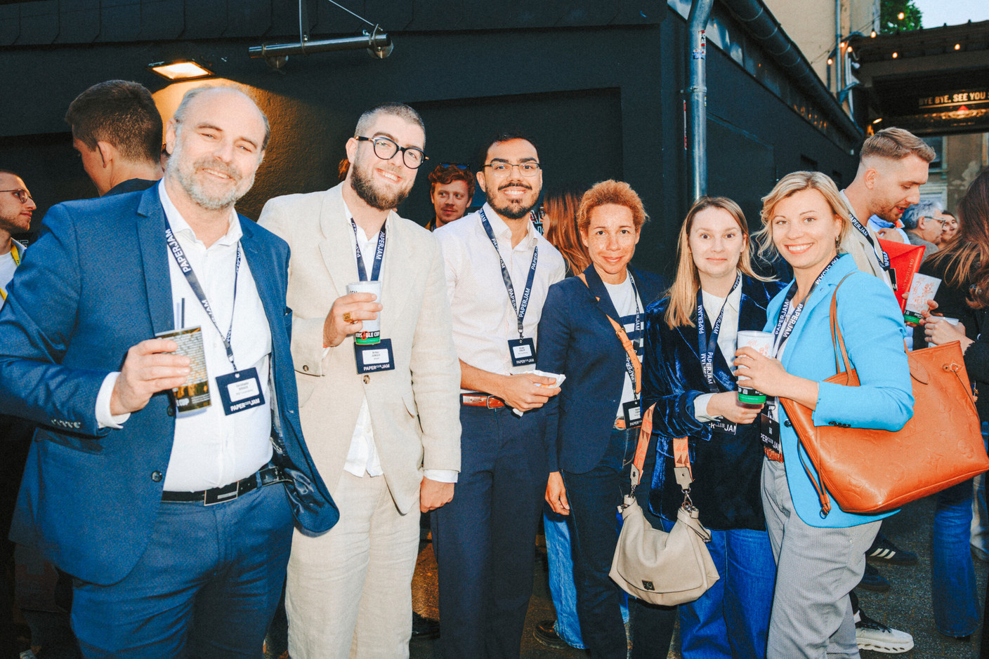 Christophe Biraud (POST Luxembourg), Arthur Junges (Spear), Sitraka Forlier (POST Luxembourg), Rachel Ligbado (Garage Kremer), Antonina Labrosse (Fidence) and Leone Valeriya (Quintet Private Banl Europe). Photo: Julian Pierrot/Paperjam