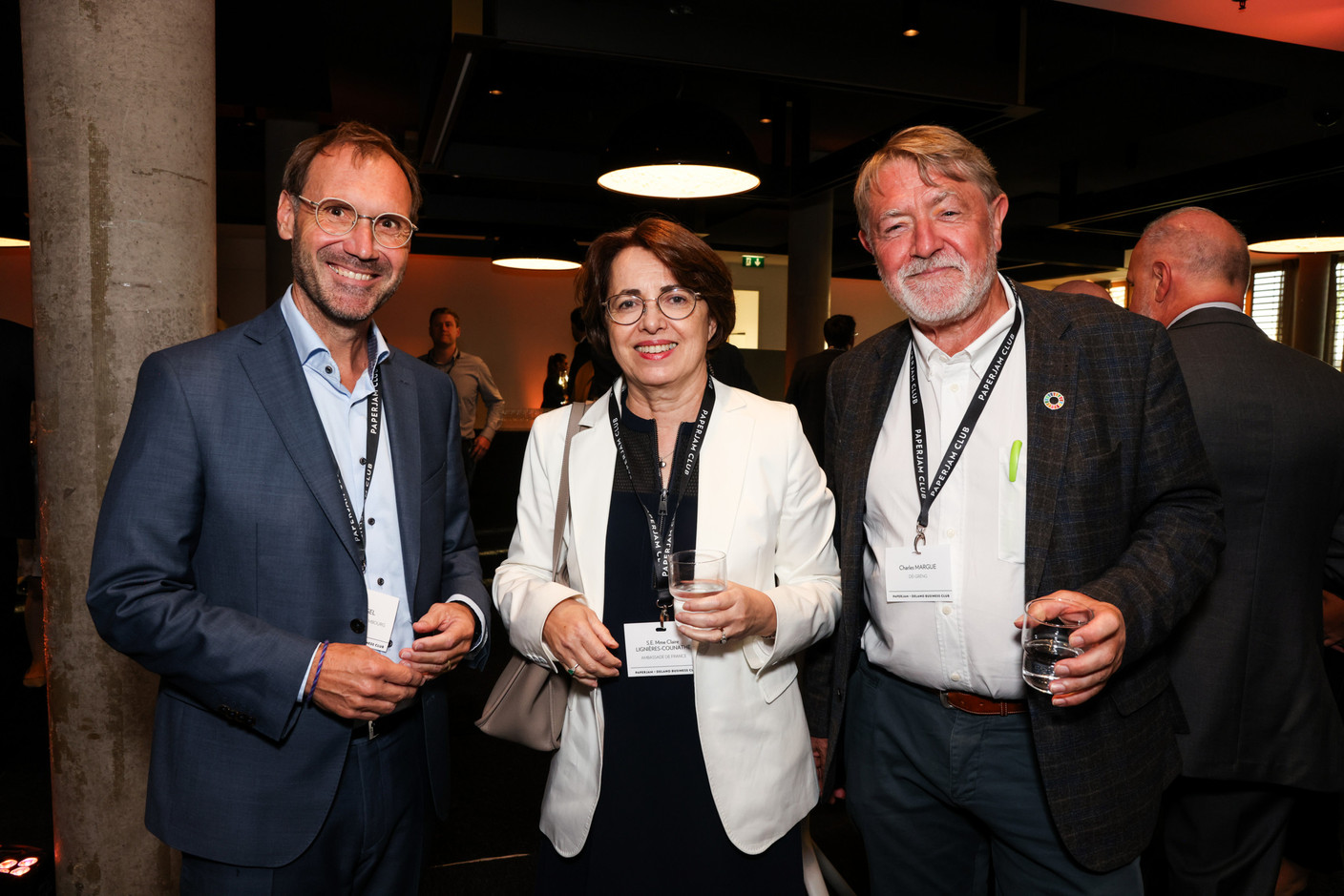 Jens Kreisel (University of Luxembourg), Claire Lignières-Counathe (French embassy) and Charles Margue (déi Gréng), at the debate amongst leading political candidates at PwC Luxembourg on 19 September 2023. Photo: Eva Krins / Maison Moderne
