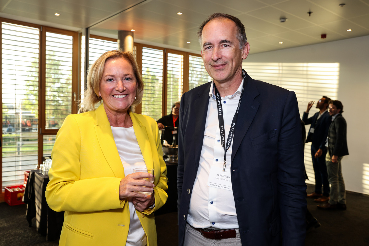 Paulette Lenert (LSAP) and Pit Hentgen (Lalux Assurances), at the debate amongst leading political candidates at PwC Luxembourg on 19 September 2023. Photo: Eva Krins / Maison Moderne