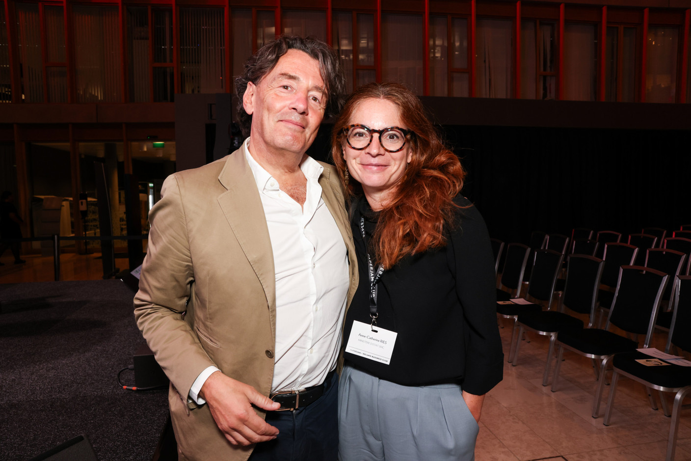 Daniel Schneider (Tenzing Partners) and Anne-Catherine Ries (ministry of state), at the debate amongst leading political candidates at PwC Luxembourg on 19 September 2023. Photo: Eva Krins / Maison Moderne