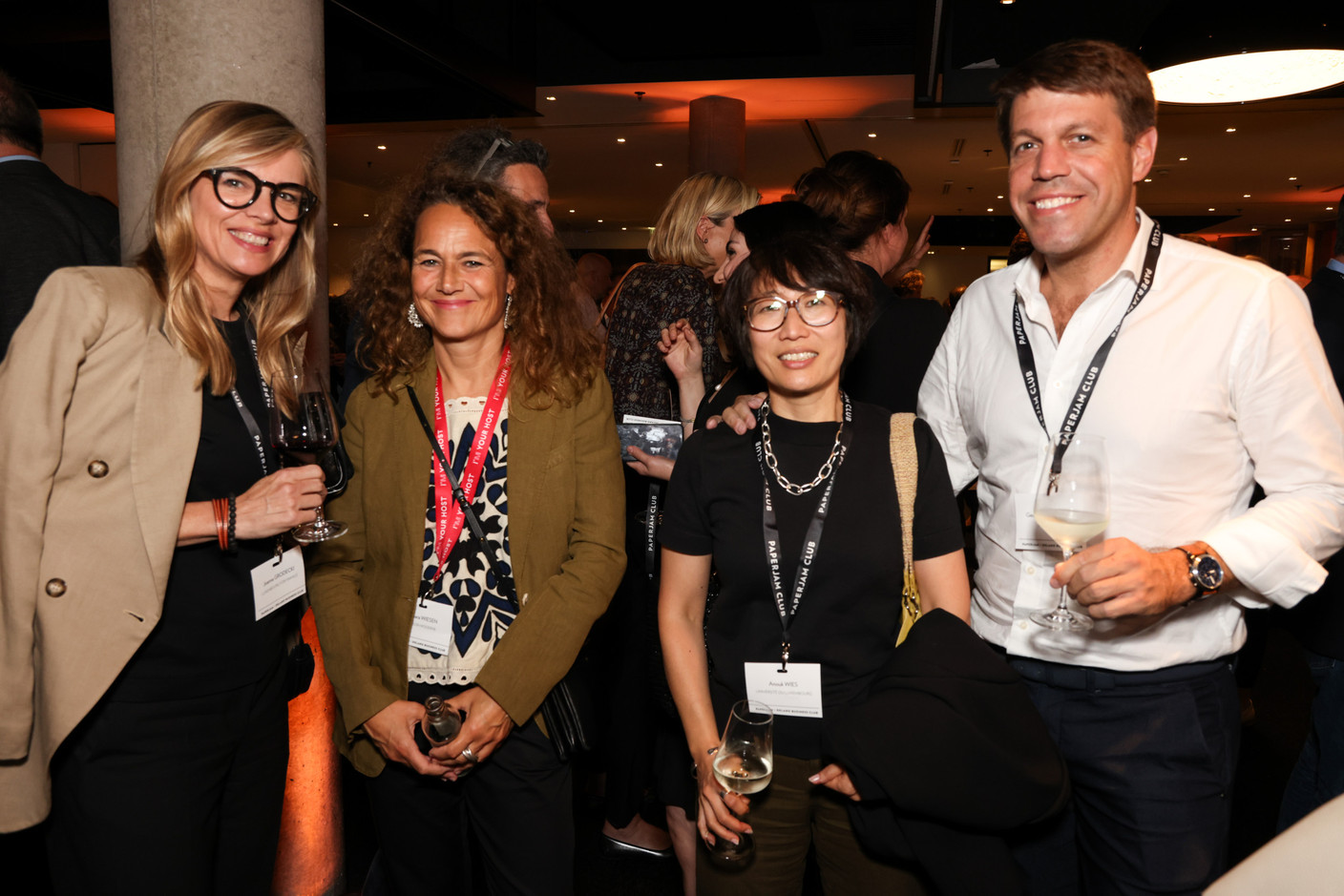 Joanna Grodecki (Luxembourg for Finance), Barbara Wiesen (Maison Moderne), Anouk Wies (University of Luxembourg) and Georges Krombach (Landewyck), at the debate amongst leading political candidates at PwC Luxembourg on 19 September 2023. Photo: Eva Krins / Maison Moderne