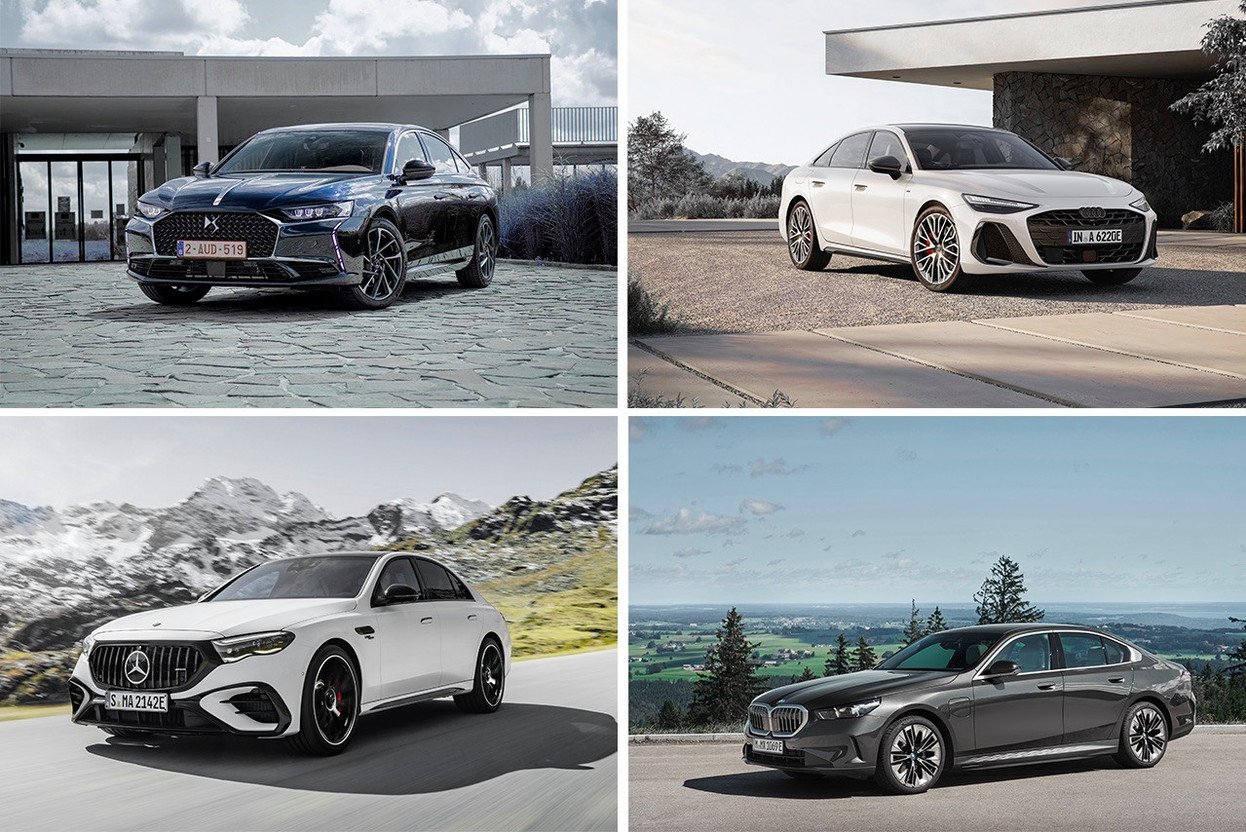 From left to right and top to bottom: DS 9 e-Tense, Audi A6 Saloon e-hybrid, Mercedes E-Class plug-in hybrid, BMW 530e Saloon. (Photos: Citroën, Audi, Mercedes, BMW; Montage: Paperjam)