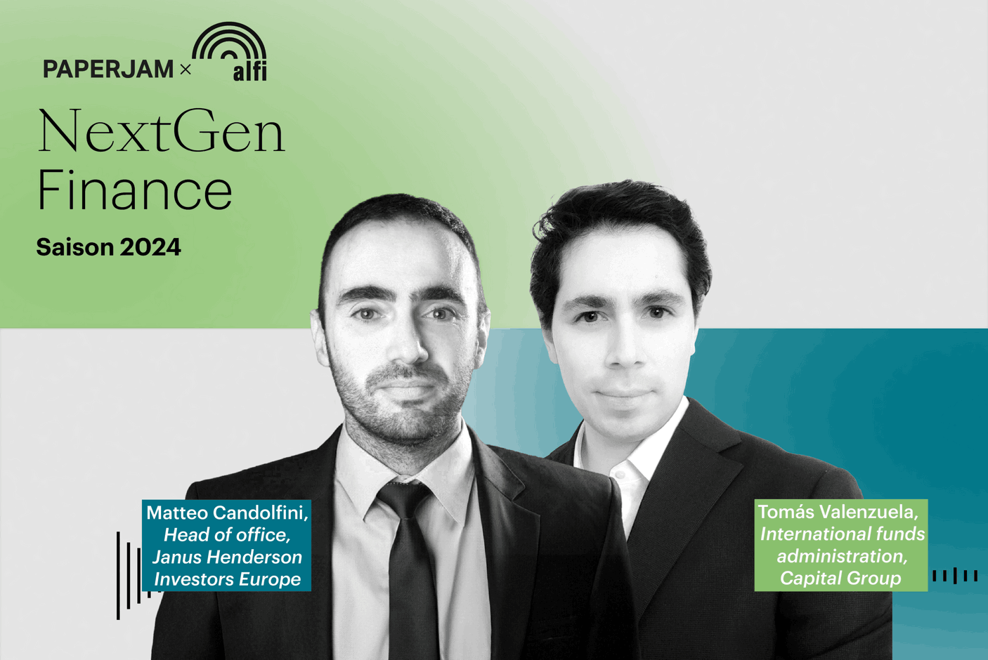 Matteo Candolfini (Head of office, Janus Henderson Investors Europe), Tomás Valenzuela (International funds administration, Capital Group) Illustration (Paperjam Studio)