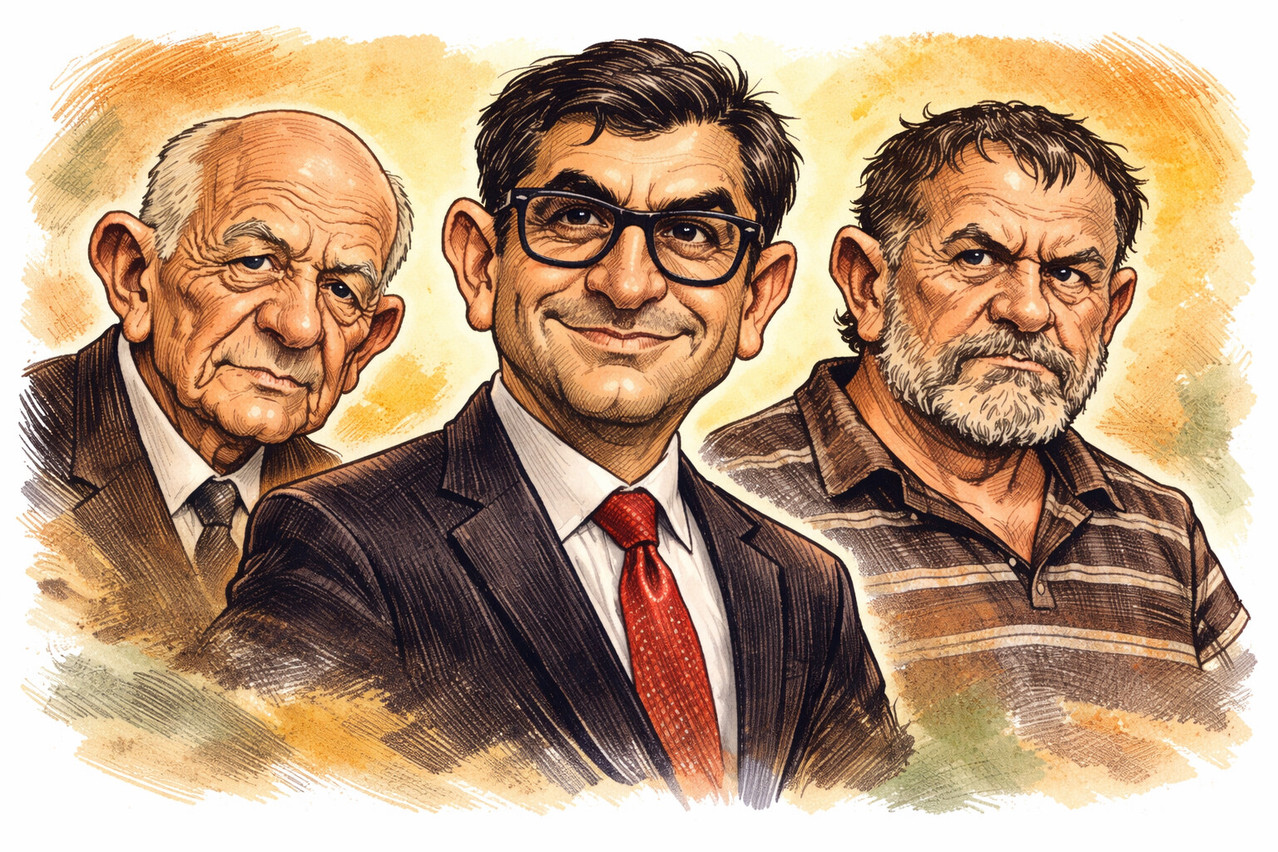 A caricature of three protagonists whose lives have taken very different paths but who have been linked for nearly twenty years. (Illustration: ChatGPT)