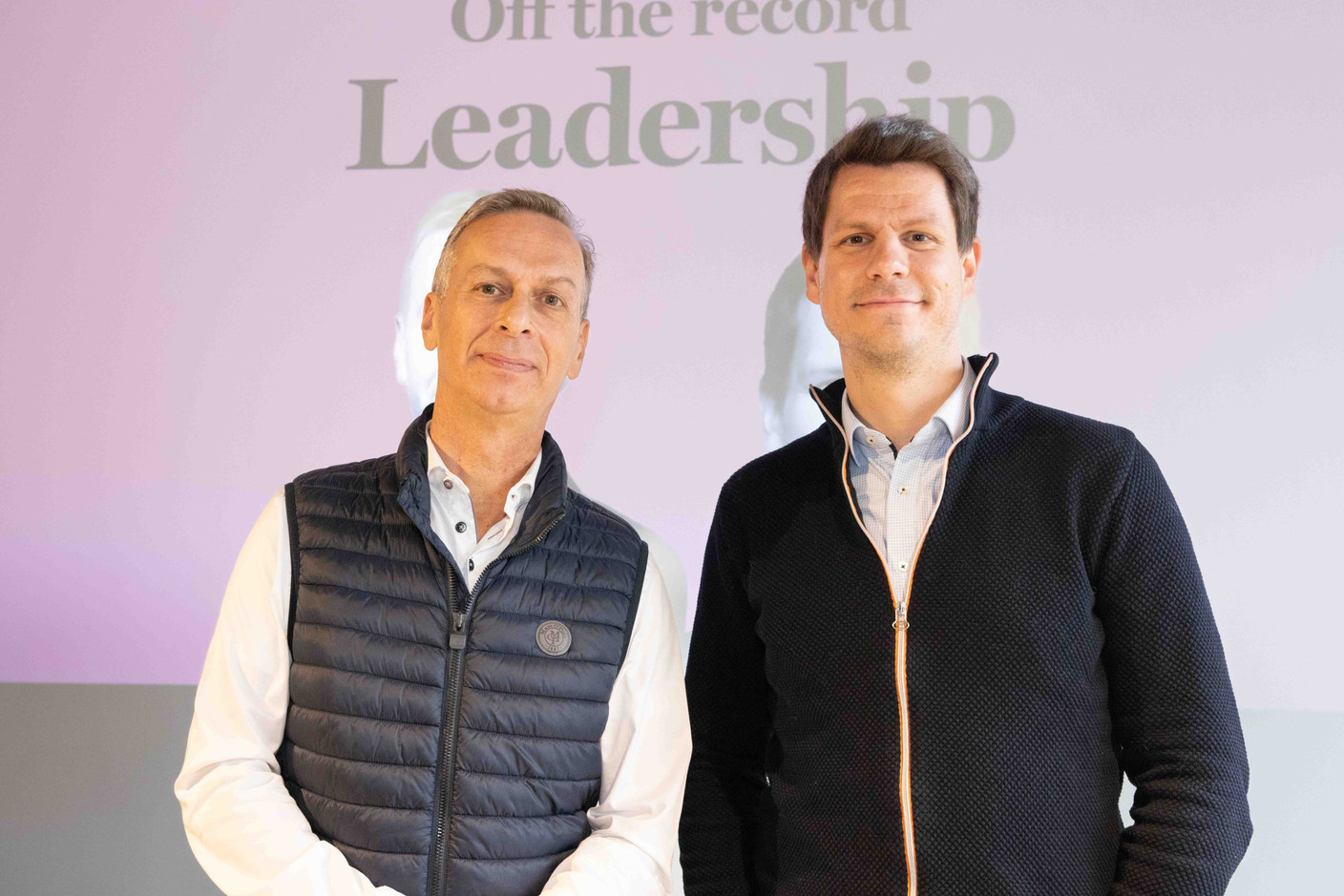 Marc Payal and Philippe Linster (House of Startups) during the “Off the record: Leadership” event on Tuesday 6 February 2024. Photo: Marie Russillo / Maison Moderne