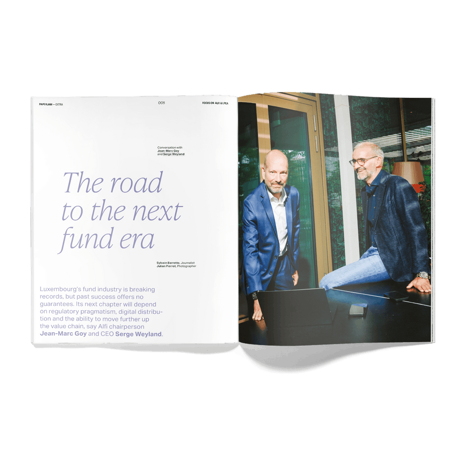 Jean-Marc Goy, President of ALFI, and Serge Weyland, the association’s CEO, discuss the challenges facing the Luxembourg fund industry. (Photo: Julian Pierrot/Paperjam)