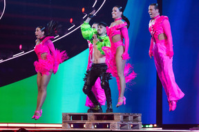 Finland’s Käärijän, who won the public vote by a landslide but was snubbed by jury members, singing ‘Cha Cha Cha’, at the Eurovision final, 13 May 2023. Photo: EBU/Corinne Cumming