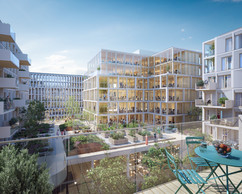 Au cœur de l’îlot, la toiture du socle est transformée en terrasse commune. ((Illustration: BPI Real Estate, Unibra Real Estate, ArtBuild Architects))