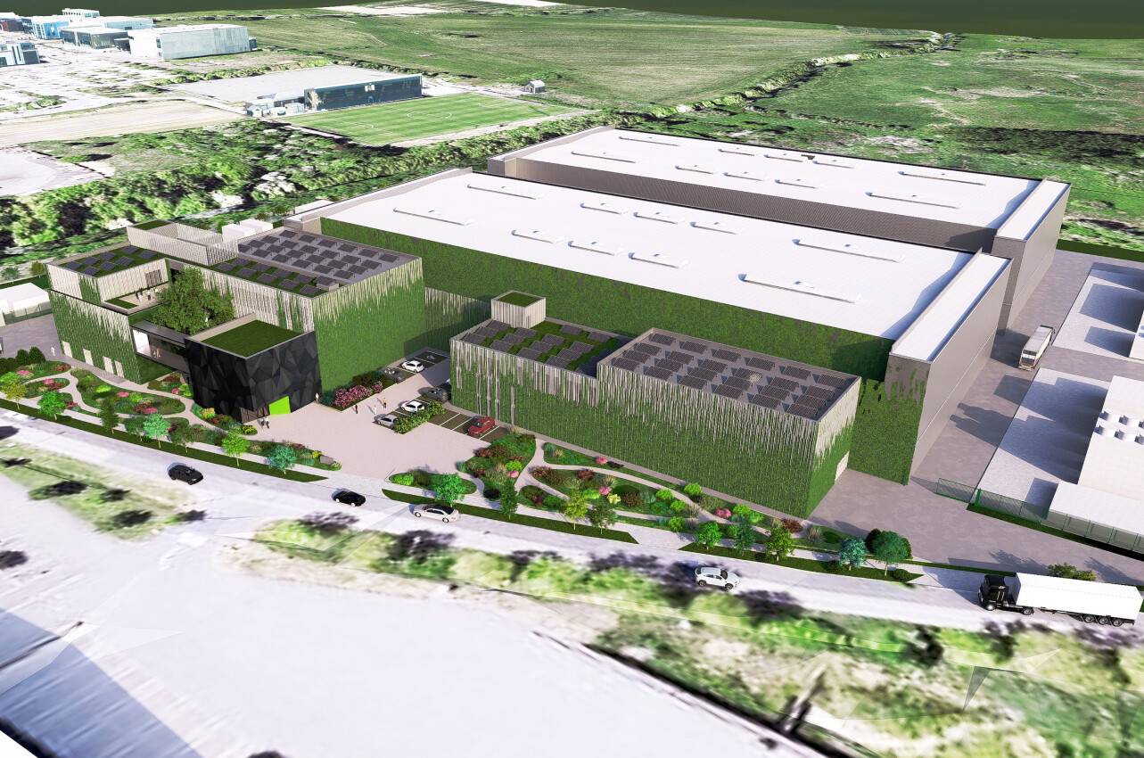 A rendering of what the Differdange factory will look like, fully covered in greenery to minimise its visual impact. It will feature a research centre and production lines. (Image: Ocsial)