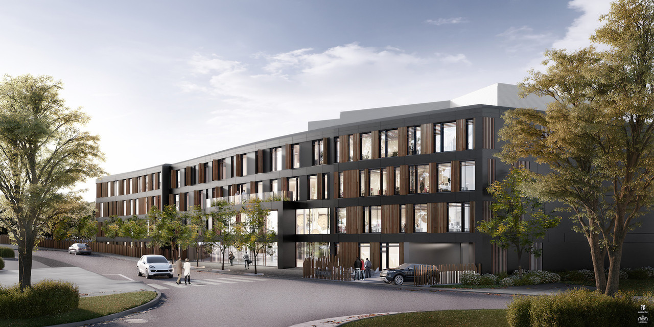 La façade de ce bâtiment de bureaux associe éléments thermolaqués et en bois. (Illustration: iPlan by Marc Gubbini Architectes)