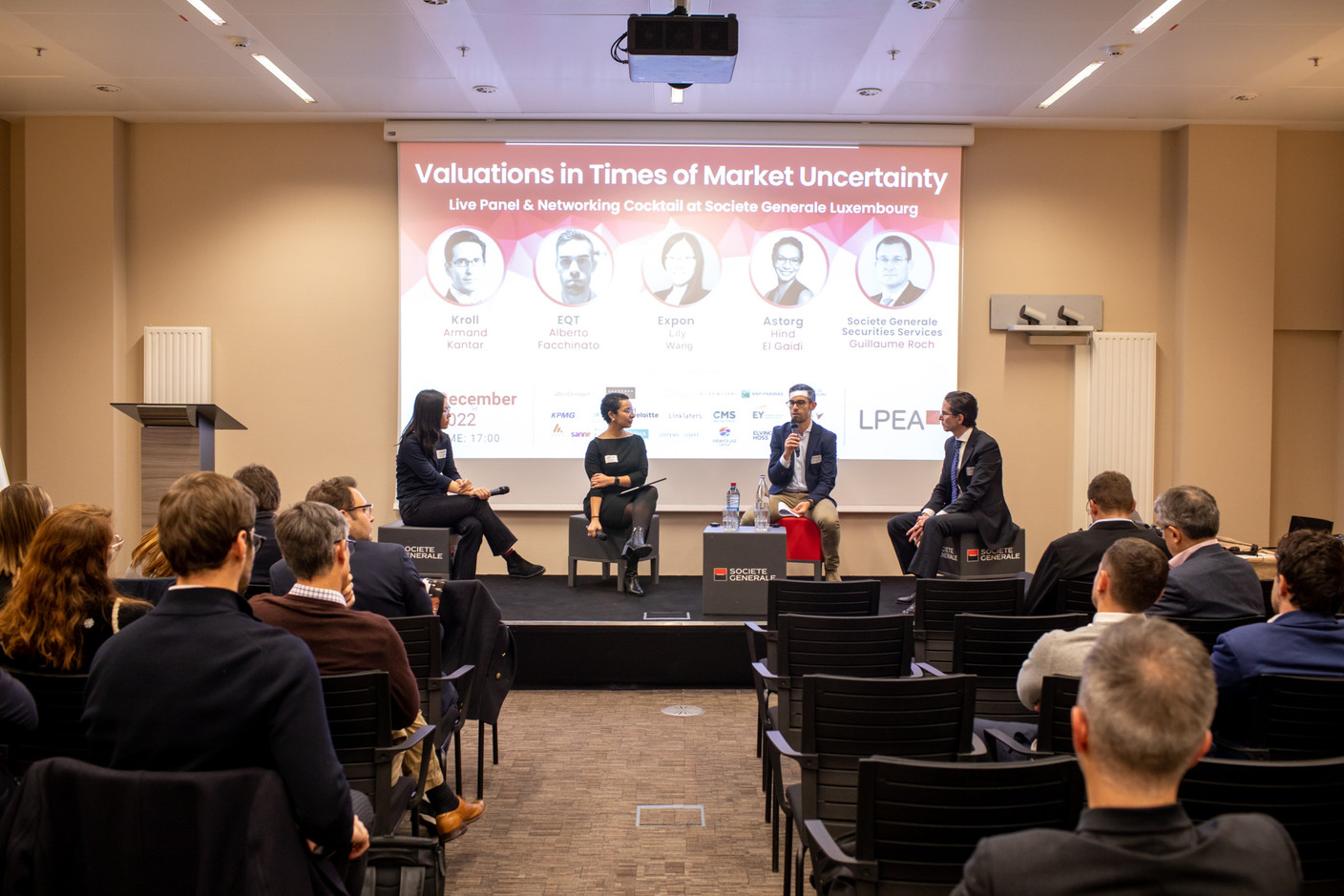 Lily Wang from Expon, Hind El Gaidi from Astorg, Alberto Facchinato from EQT and Armand Kantar from Kroll were speakers at the event on valuations in times of market uncertainty, held on 1 December at Société Générale. Matic Zorman / Maison Moderne
