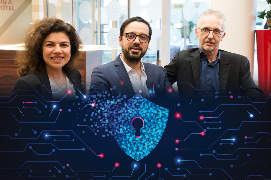 The three partners of AdronH, Marlène El Khoury, Selim Baccar and Bernard Fritsch, developed a cybersecurity solution for small companies who cannot hire their own IT security professionals. But they are having trouble recruiting specialists themselves. Photos: AdronH; montage: Maison Moderne