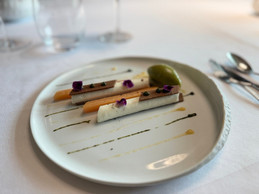 Poached rhubarb, a crispy topping, Greek yoghurt and watercress ice cream: the dessert on the Éclat menu at La Cristallerie. Photo: Emilie Gline/Paperjam