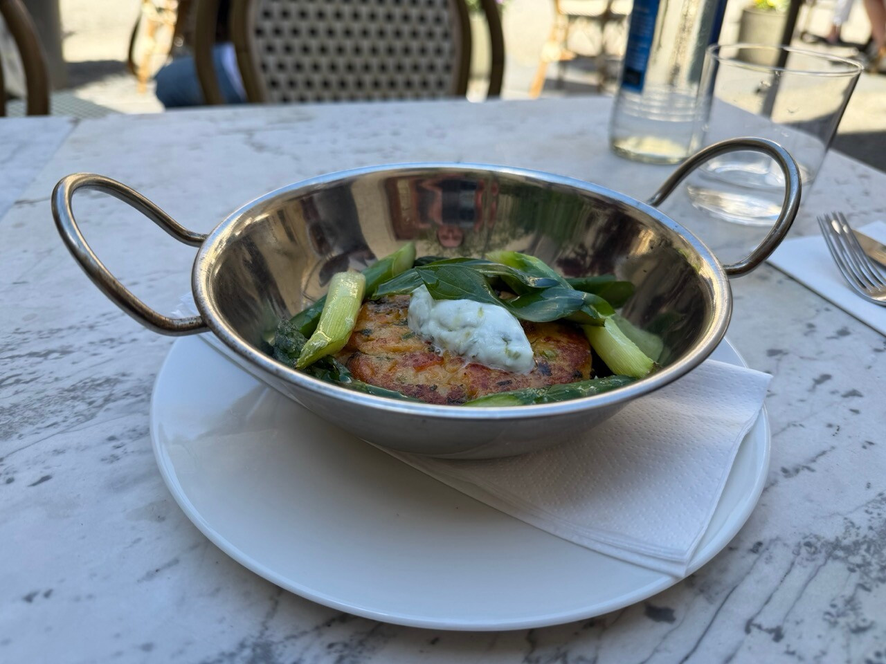 For the main course, trout fish cakes with capers and chervil. Photo: Emilie Gline/Paperjam