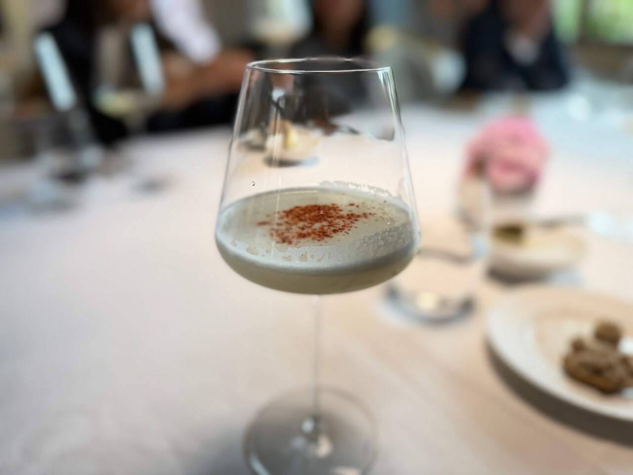 A mocktail made with white asparagus juice, Greek yoghurt water and Espelette pepper, created by chef Milan Brée at La Cristallerie. Photo: Emilie Gline/Paperjam