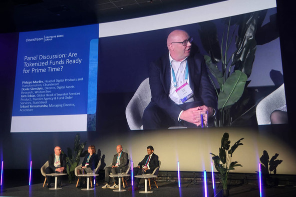 From left to right: Philippe Müller (Clearstream), Dovile Silenskyte (WisdomTree), Jörn Tobias (State Street) and Srikant Yennamandra (Accenture) during the panel “Are Tokenised Funds Ready for Prime Time?” at the Global Fund Summit 2026. (Photo: Paperjam)