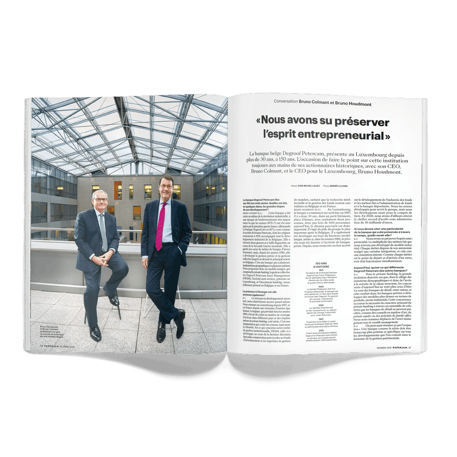 Bruno Houdmont (CEO au Luxembourg) et Bruno Colmant (CEO de la banque belge) de la banque Degroof Petercam. (Photo: Andrés Lejona/Maison Moderne)