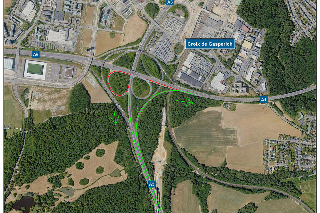 The Gasperich cross slip road from the A3 towards Metz to the A1 towards Trier will be closed from Friday 6 March, 8 p.m., until Monday 9 March, 4 a.m. (Photo: Administration des ponts et chaussées)