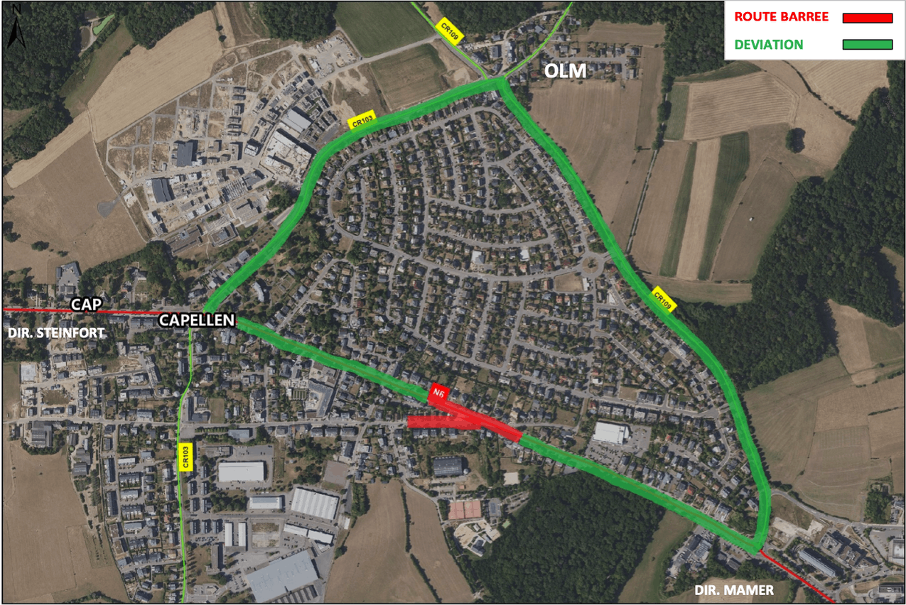 La déviation (en vert) prévoit un report du trafic routier de la route d’Arlon vers la localité d’Olm, en longeant le village en construction d’Elmen, supposé accueillir 800 logements. (Photo: Administration des ponts et chaussées)