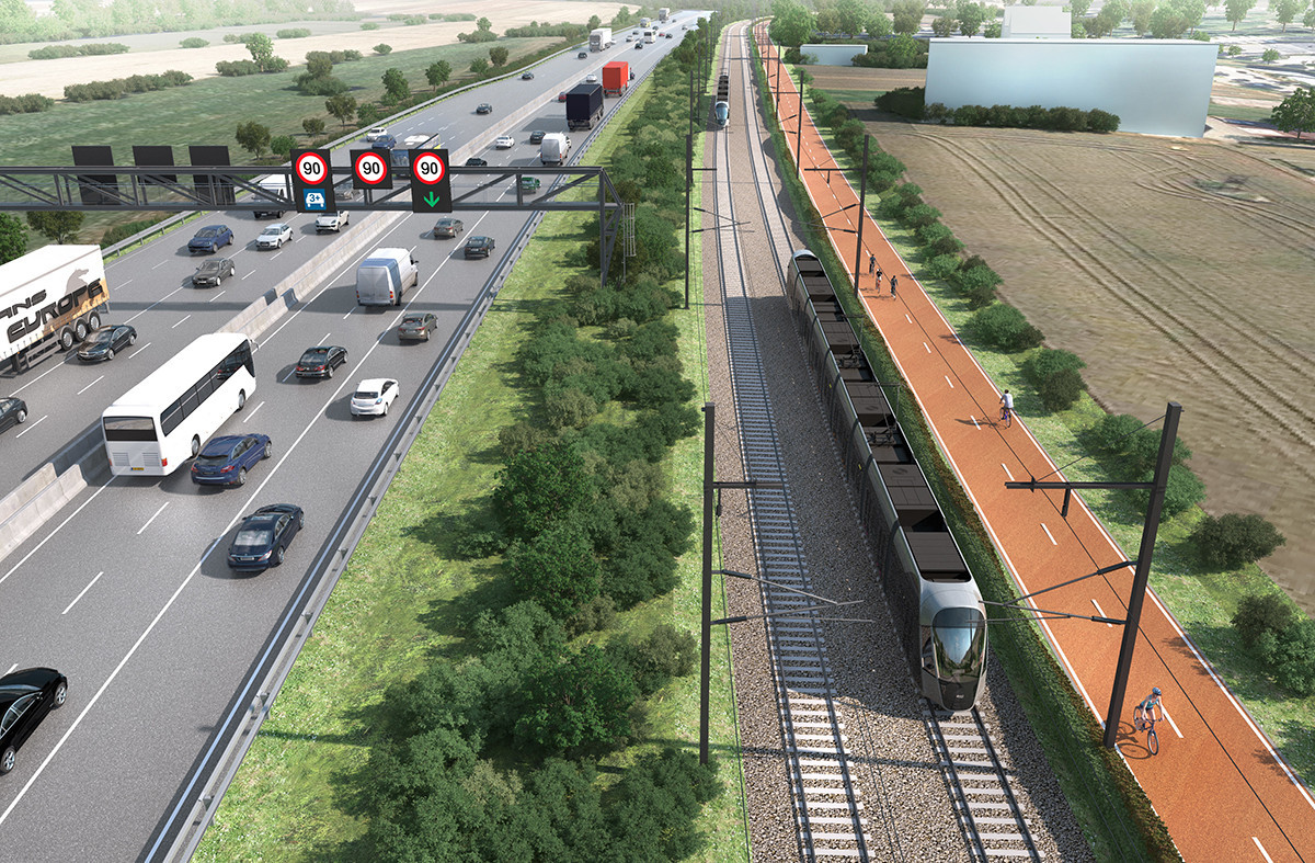 Les tramways pourront potentiellement atteindre les 100km/h le long de l’autoroute A4.  (Photo: Bureau Schroeder & Associés)