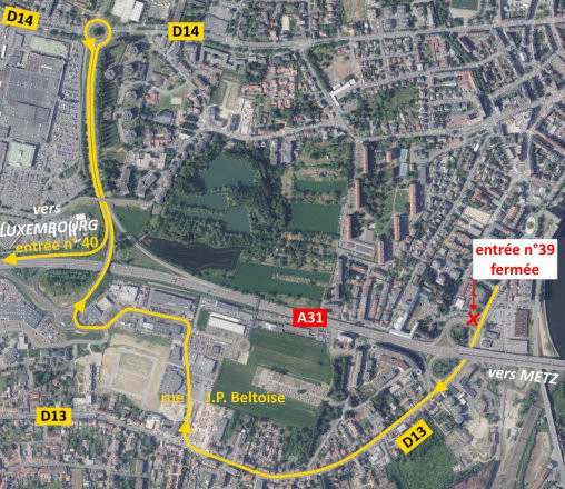 Durant les phases 2 et 3 des travaux, l’entrée et la sortie n°39 de l’A31 seront fermées, ce qui impliquera la mise en place d’une déviation n°4. (Visuel: DIR Est)