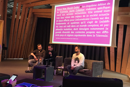Steph Meyers, Kevin Muhlen et Marc Scozzaï ont présenté la nouvelle Triennale Jeune Création. (Photo: Paperjam)