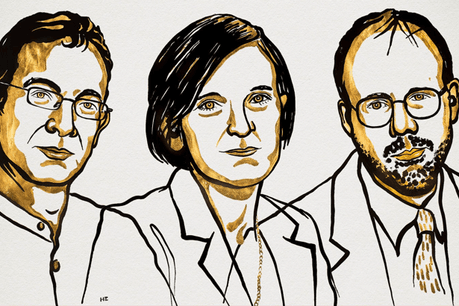Abhijit Banerjee, Esther Duflo et Michael Kremer. (Illustration: Niklas Elmehed/Twitter/The Nobel Prize)