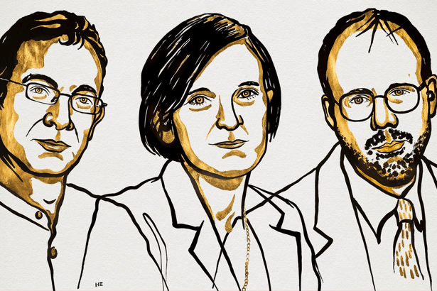   Abhijit Banerjee,  Esther Duflo et  Michael Kremer. (Illustration: Niklas Elmehed/Twitter/The Nobel Prize)