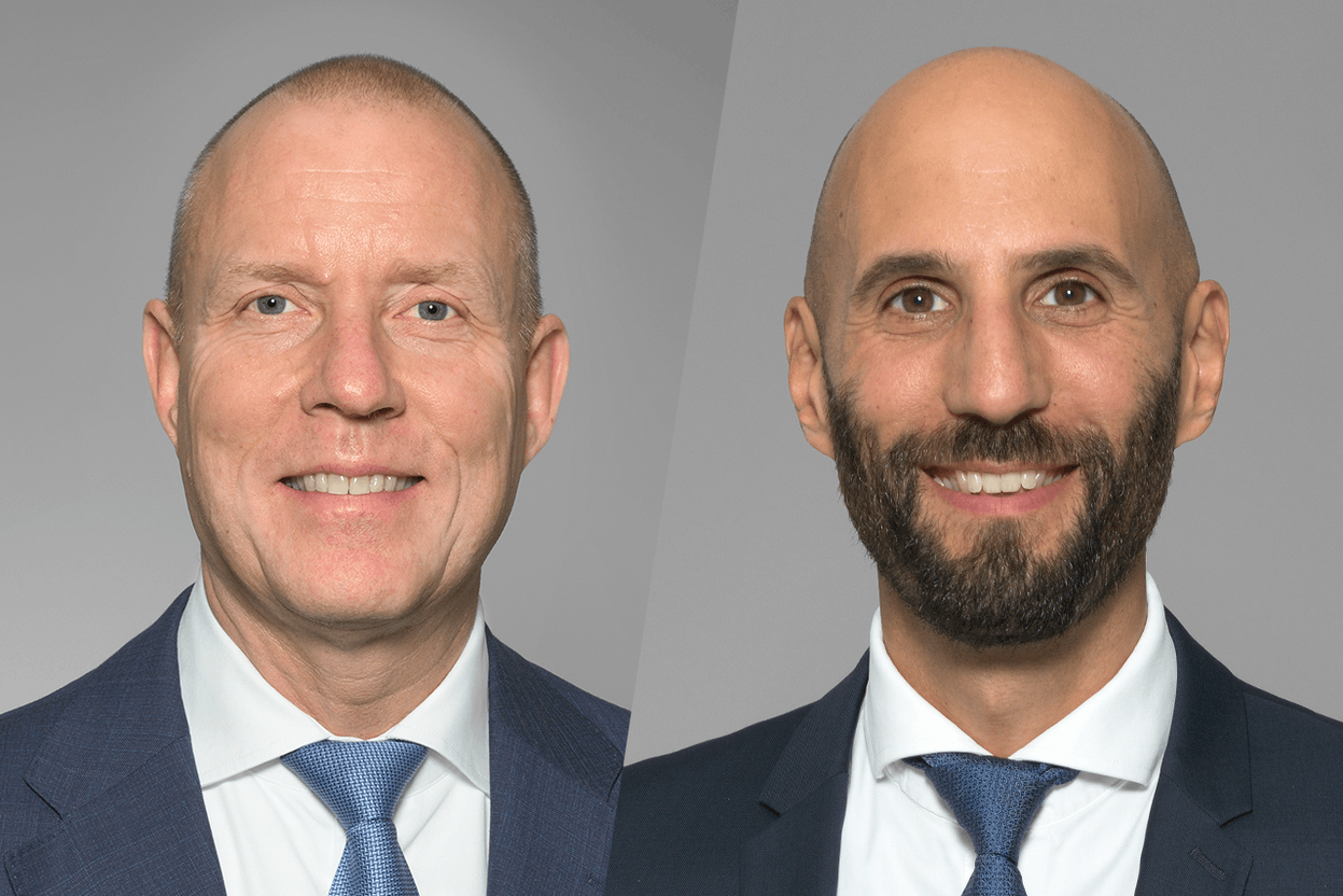 Lombard Odier’s global chief investment officer Michael Strobaek (left) and chief economist Samy Chaar (right) discuss the implications of Donald Trump returning to the US presidency, including expected higher economic activity and inflation in the US amidst rising geopolitical and trade uncertainty, in a webinar on Wednesday 6 November 2024. Photos: Lombard Odier; Montage: Maison Moderne