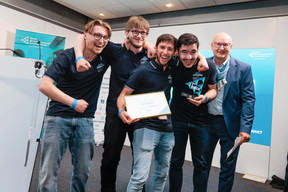 Anton Savitchi, Diogo José Bento Soares, Alexandre Greven and Daniel Francisco Silva developed Smart4Leak, a venture from Lycée Guillaume Kroll that uses a sensor to detect water leaks in real time by analysing pipe vibrations. (Photo: Pierre Levy/JEL)