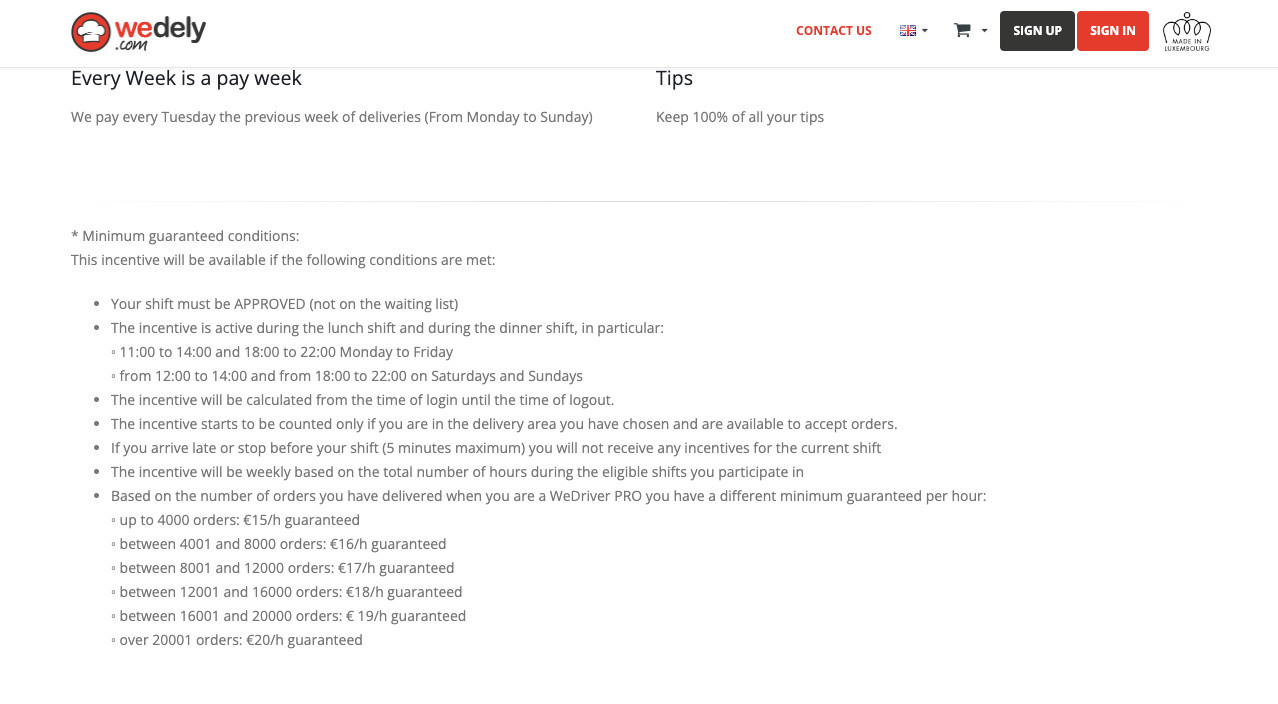 The conditions that a delivery driver must meet in order to be the best paid. Source: WeDely website