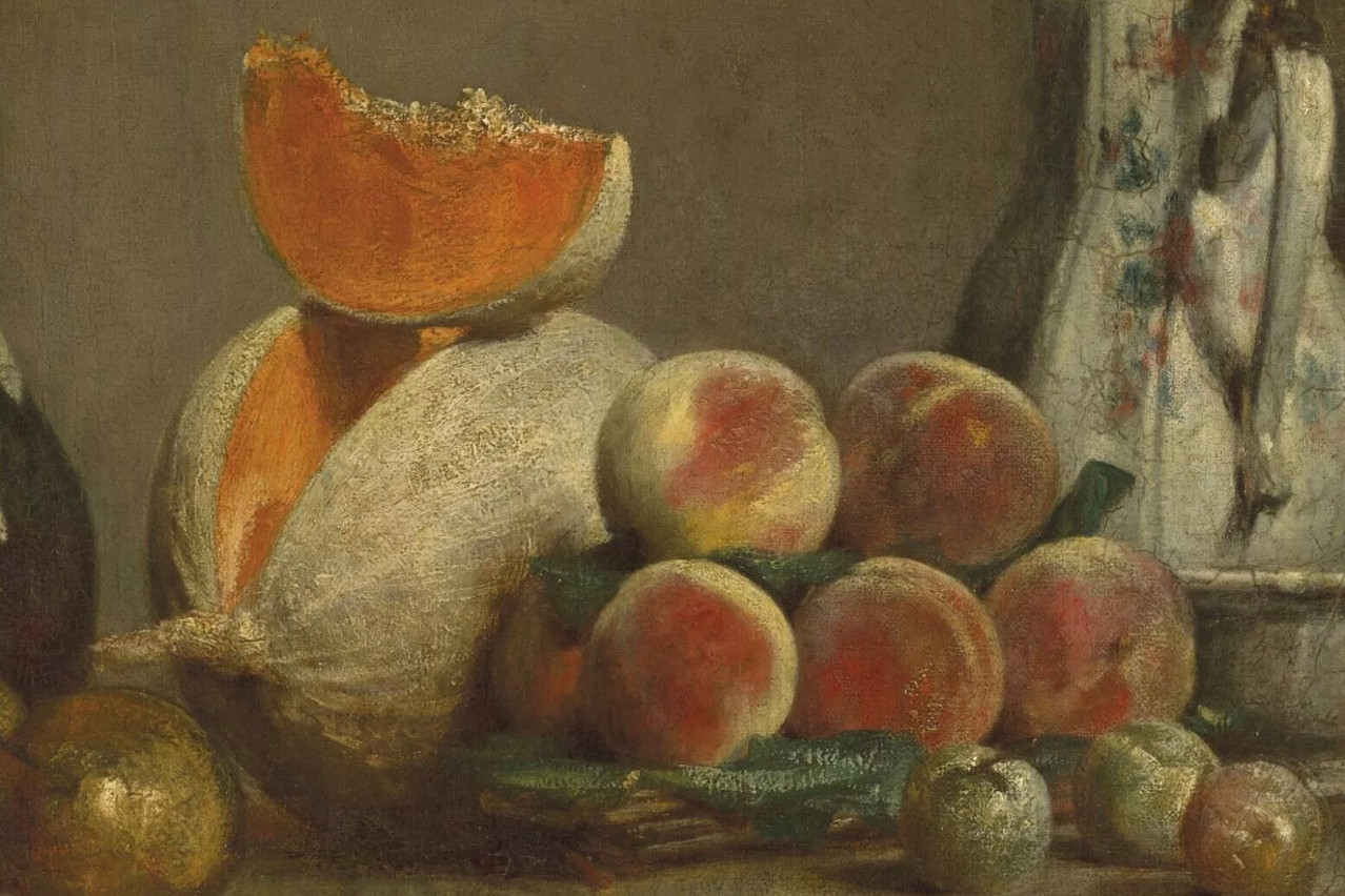 Detail of Jean Siméon Chardin (Paris, 1699-1779), Le melon entamé, 1760, oval canvas, 57x52 cm. Estimated at  €8m to €12m, the painting sold for $28.9m at Christie’s in Paris in April 2024. Source: Christie’s