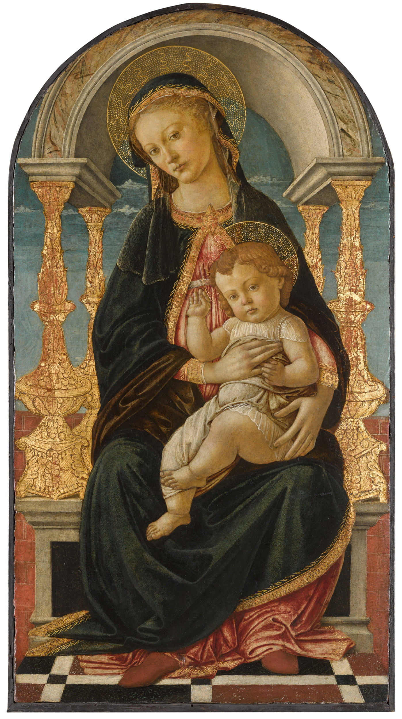 Alessandro di Mariano Filipepi, called Sandro Botticelli Florence (1444/5–1510), The Virgin and Child Enthroned, mixed media with gilding on panel, arched top 83.3 x 44.9 cm.; 32¾ x 17⅞ in. Source: Sotheby’s