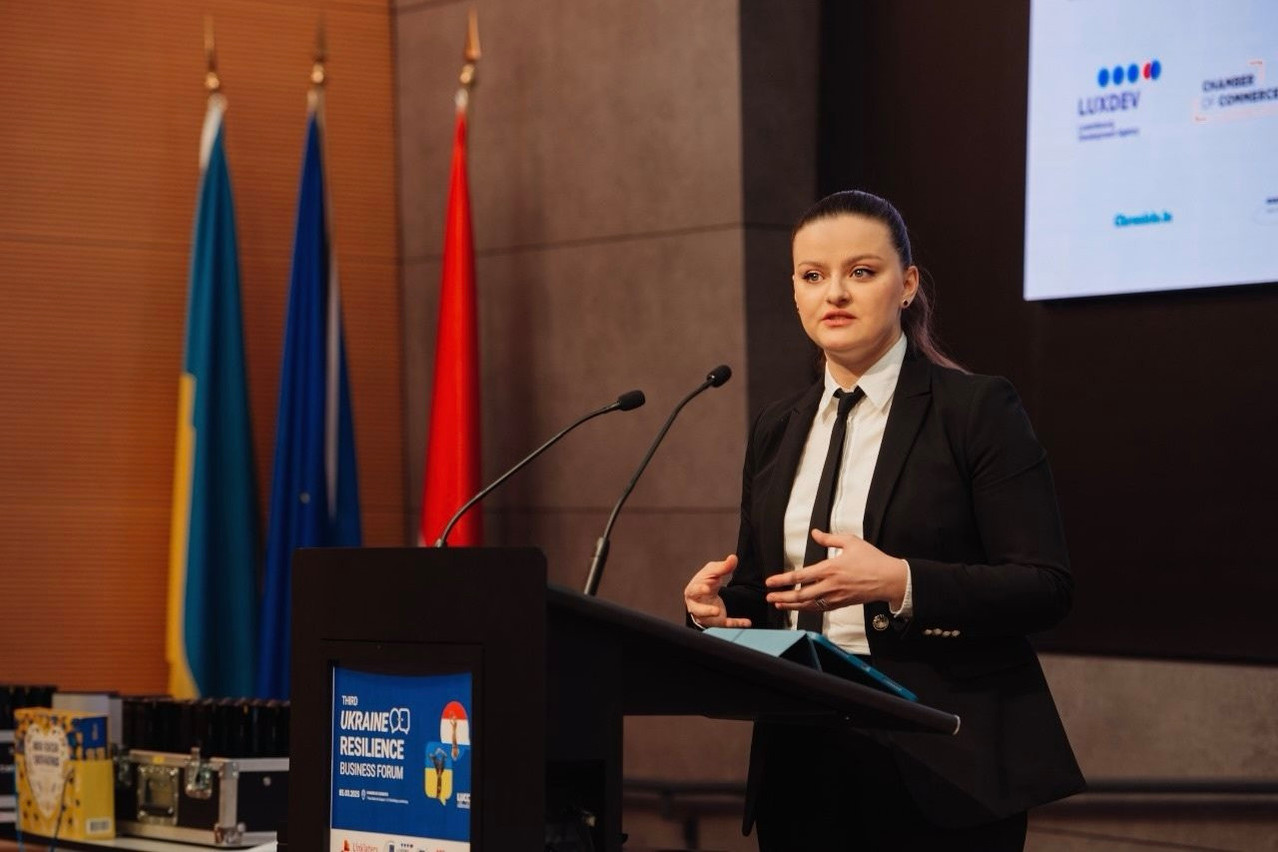 Ukraine’s deputy finance minister Olga Zykova, speaking at the third edition of the Ukraine Resilience Business Forum, which took place at the Chamber of Commerce in Kirchberg, 5 March 2025. Photo: Kateryna Mostova