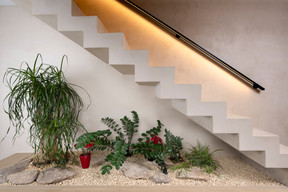 Le bureau d’architecture Dlinea a dessiné cet escalier ouvert sculptural en béton et a proposé d’y installer en dessous un petit jardin intérieur. (Photo: Nader Ghavami)