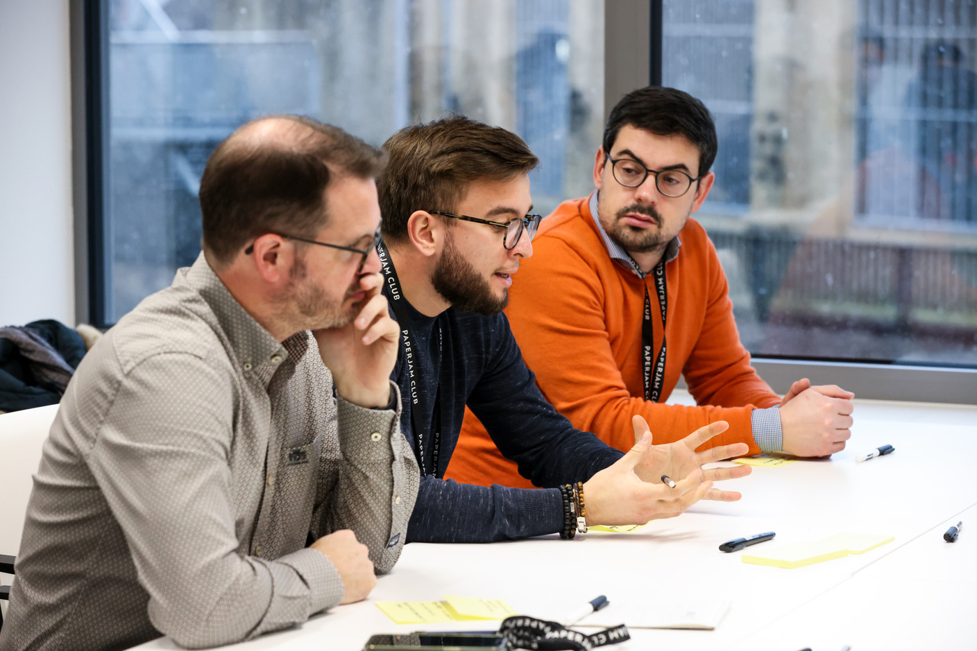 Pascal Couvreur (Bil), Gaétan Silverio (Soludec) and Raoul Neu (Luxhub) during the Agile managers training course, 27 November 2023. Photo: Eva Krins / Maison Moderne