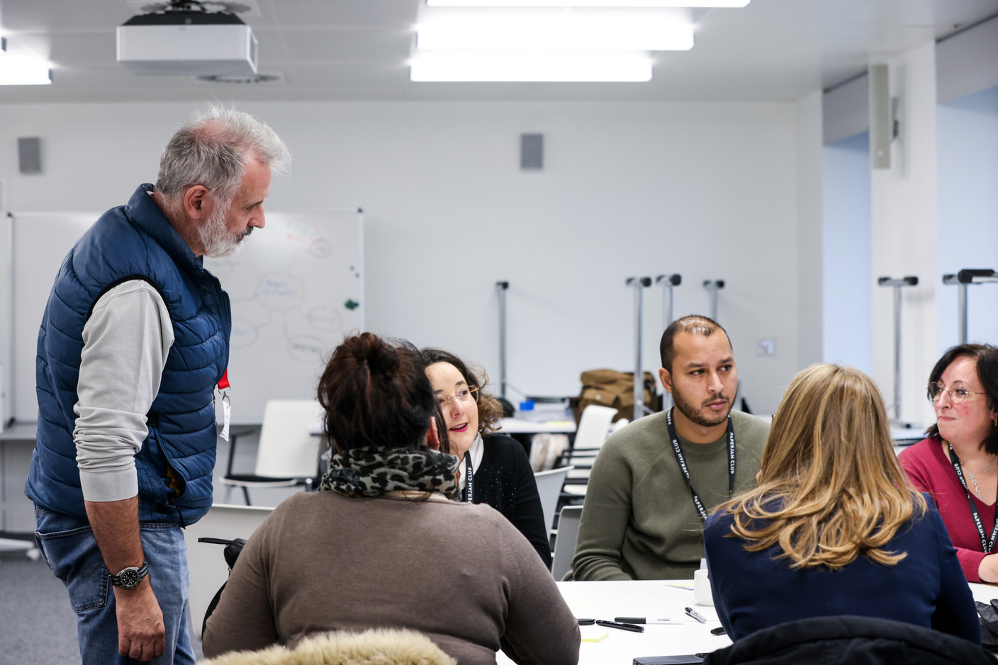 Mathieu Dietrich (Agile Partner), Isabelle Alves (Banco Bradesco Europa), Amine Hamrouni (OmniTrust) and Dominique De Oliveira Schmitt (Soludec) during the Agile managers training course, 27 November 2023. Photo: Eva Krins / Maison Moderne