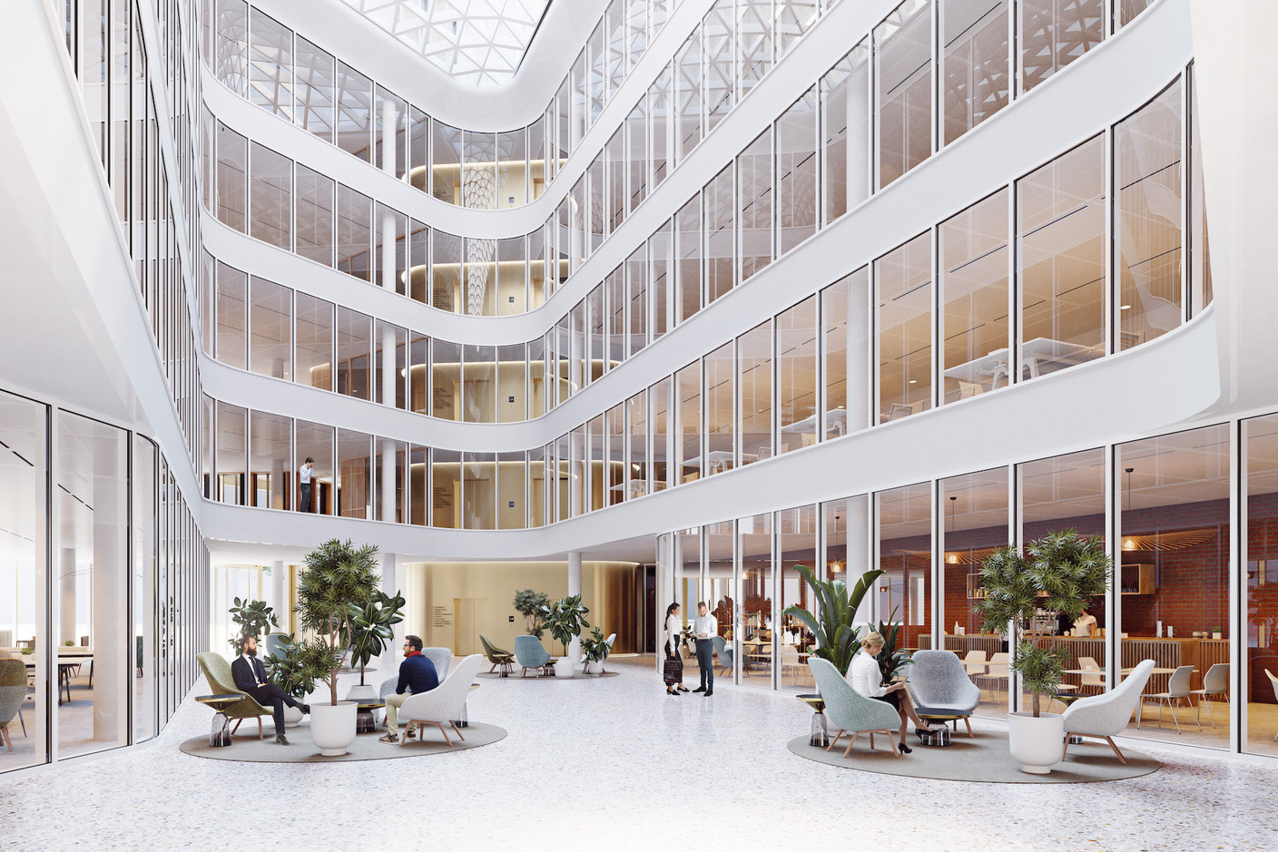 Inside the building, a large atrium will be covered by a glass roof. Illustrations: IKO Real Estate – Thomas & Piron