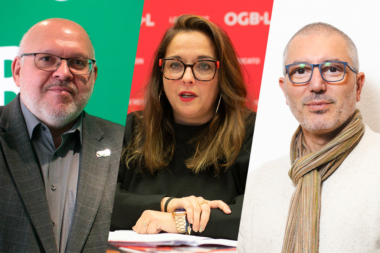 Patrick Dury (LCGB), Nora Back (OGBL) and Roberto Mendolia (Aleba) each hope to see their organisations gain seats in the 12 March elections. Photos and montage: Maison Moderne