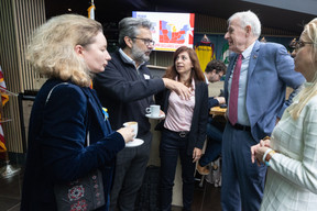 Inna Yaremenko (Lukraine), Vladimir Bärtl (Czech ambassador to Luxembourg), Anne Calteux (European Commission) and Tom Barrett (US ambassador to Luxembourg) at the US election watch party held at The Spot in Luxembourg City, 6 November 2024. Photo: Guy Wolff/Maison Moderne