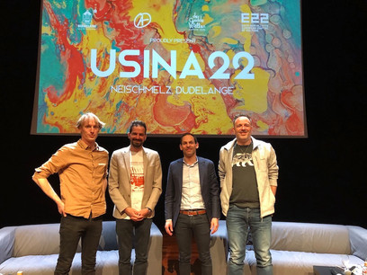 Les organisateurs Luka Heindrichs (de Gudde Wëllen), Michel Welter (Den Atelier), Dan Biancalana (bourgmestre de Dudelange) et John Rech (Opderschmelz). (Photo: Julien Carette/Maison Moderne.)
