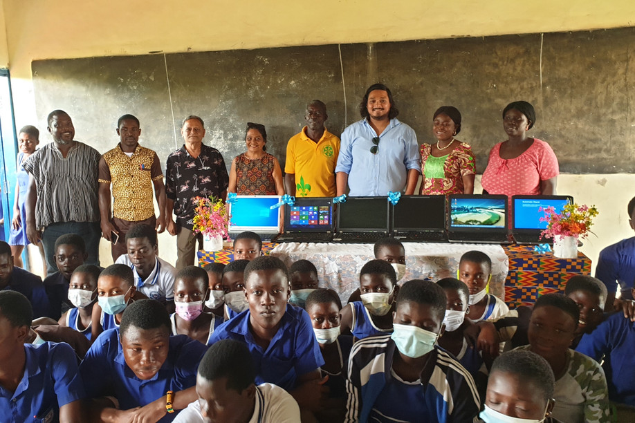 Rushank Bardolia (behind the laptops; third from the right) has been living in Ghana for five years laying the groundwork for Food For Future, a company that wants to use blockchain (and other technologies) to change the global food production industry. Photo: Provided by Rushank Bardolia